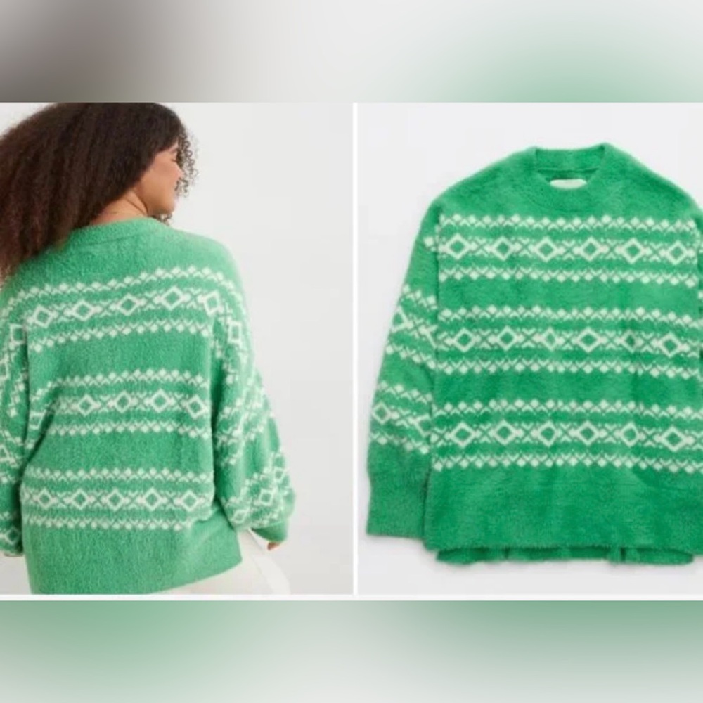 Aerie Flurry Fuzzy Oversized Sweater Green Fair isle Medium EUC